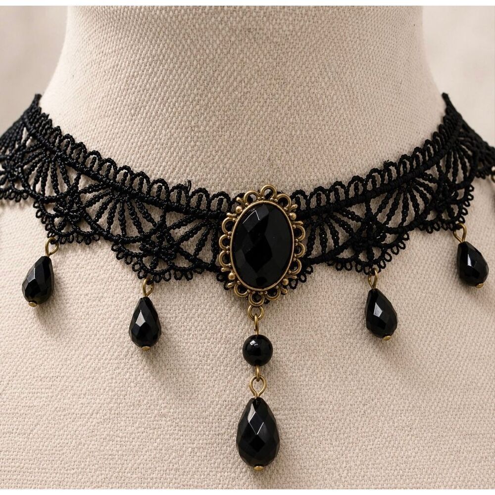 Black Lace Beaded Choker Necklace Victorian Lace Drop Detail - Picture 1 of 7